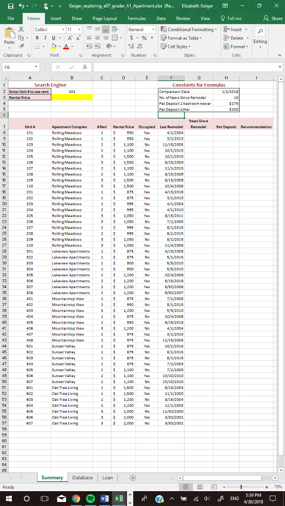 You created a dataset listing the apartment numbers, apartment complex names, number