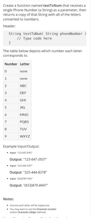  starter code Create a function named textToNum that receives a single