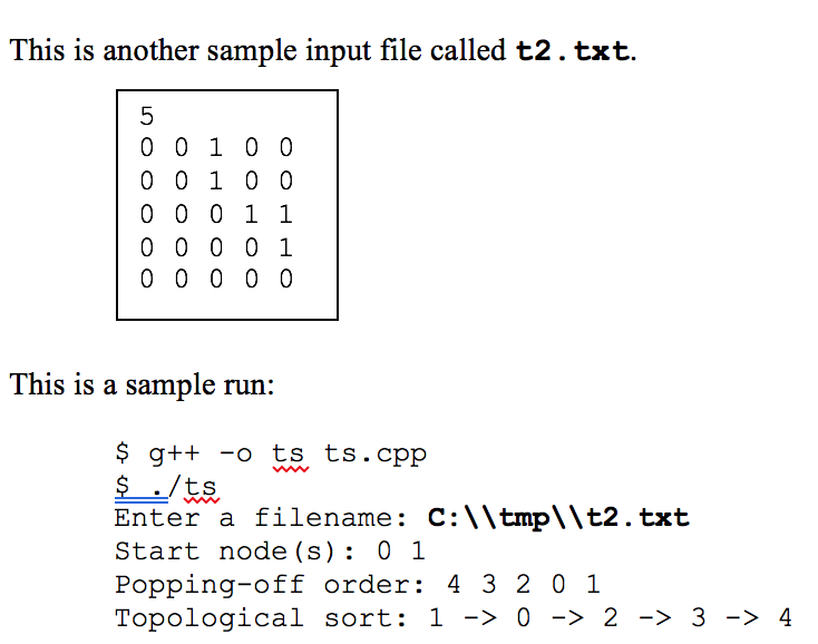 Write a C++ program called ts.cpp that implements the topological sorting algorithm