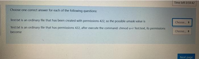  Time left 0:59:42 Choose one correct answer for each of the