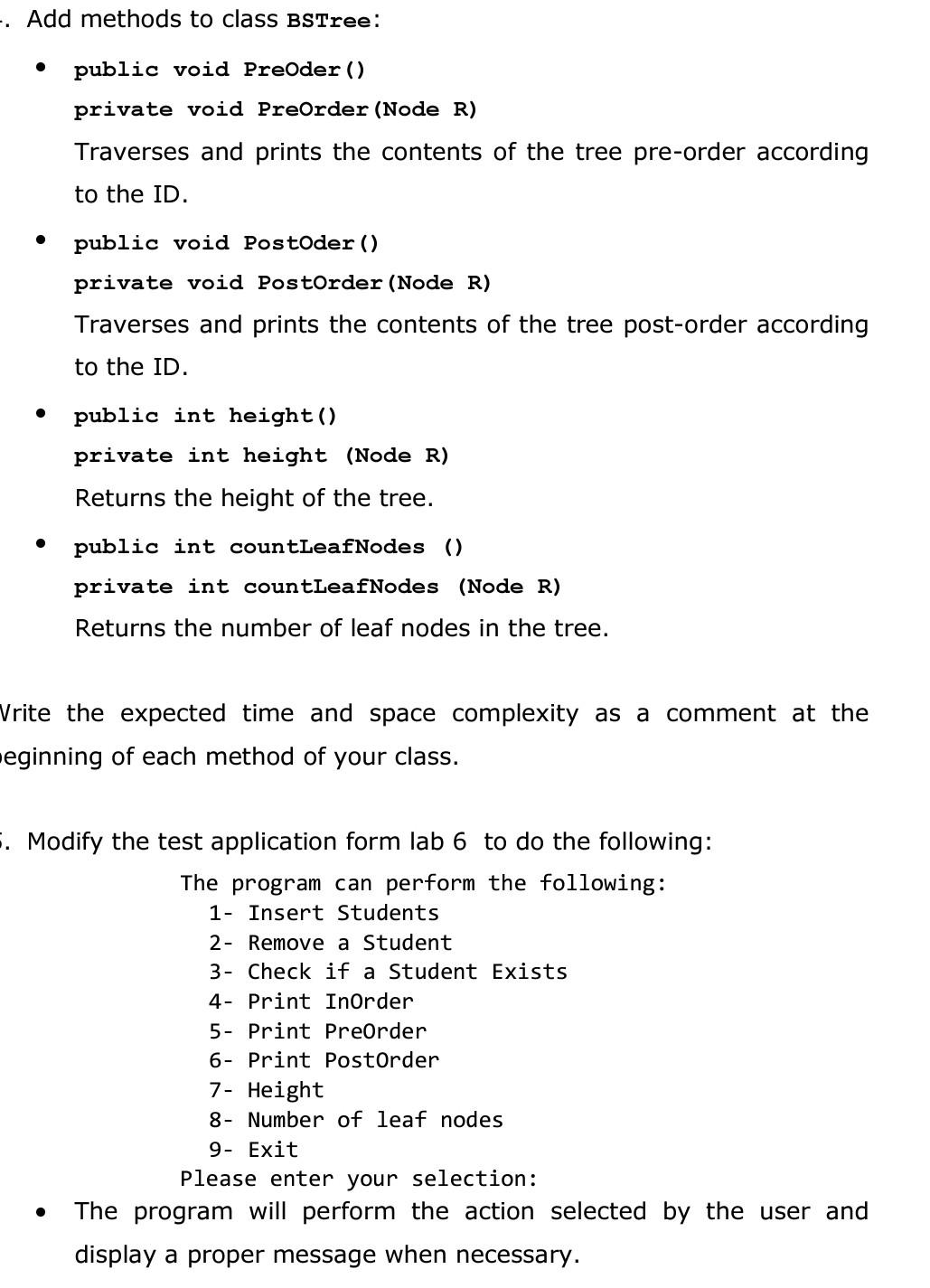  java - Add methods to class BSTree: public void PreOder() private