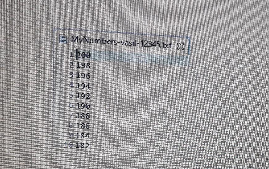 the following: opens a file named MyNumbers-YOUR_NAME-YOUR_ID bxt, uses a loop to