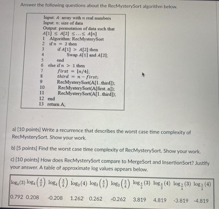  Answer the following questions about the RecMystery Sort algorithm below. Input: