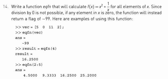  In MATLAB please 1 14. Write a function eqfn that will