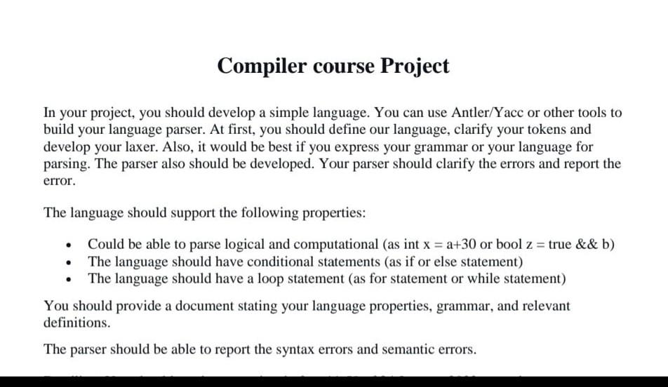 use lg c flex and bison give codes Compiler course Project In