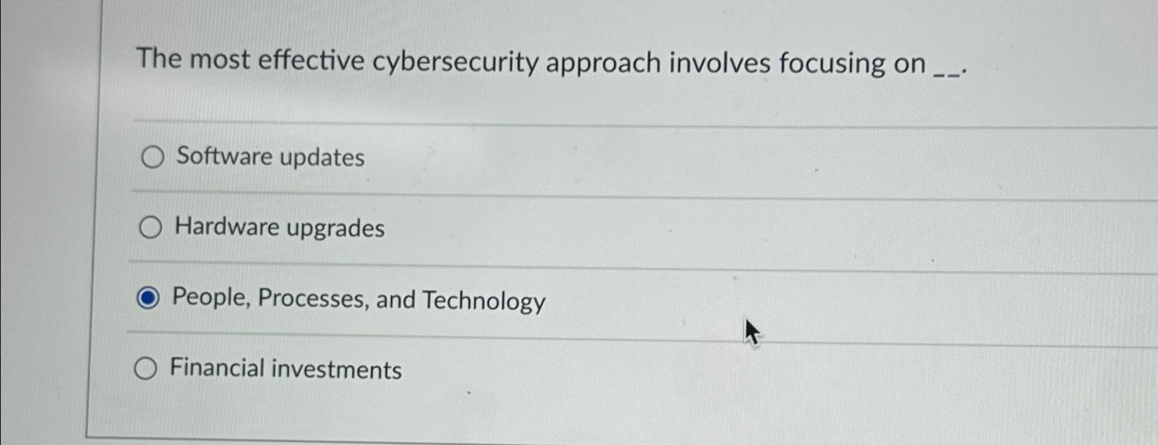  The most effective cybersecurity approach involves focusing on Software updates Hardware