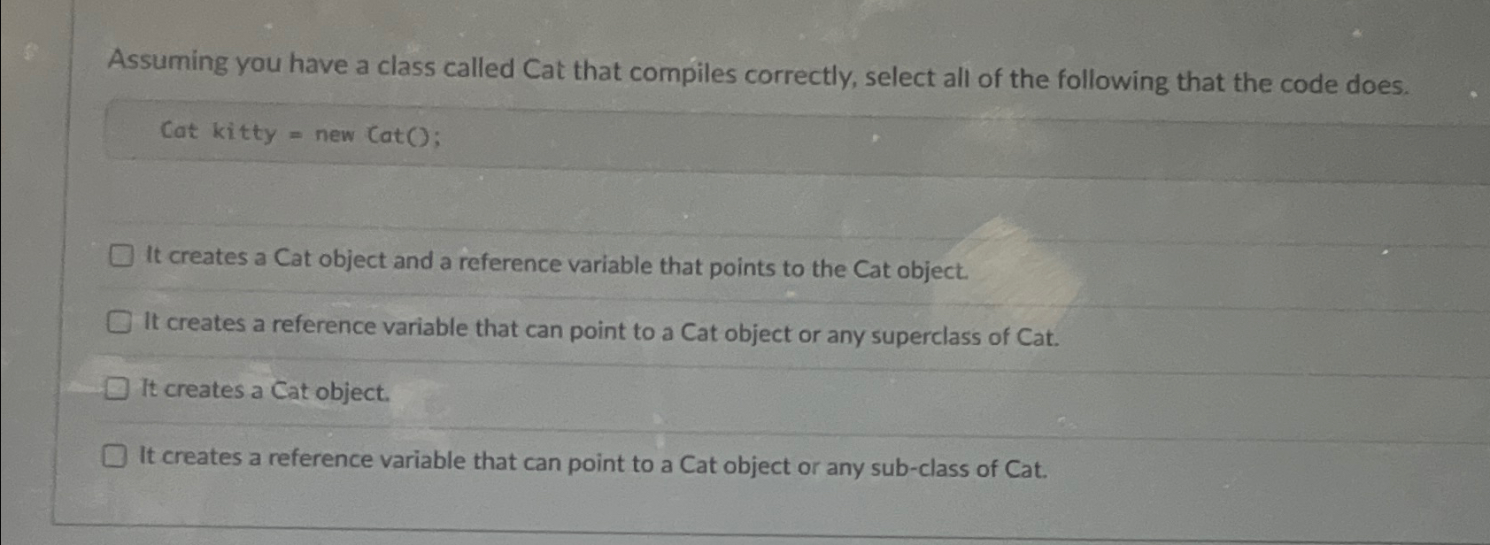  Assuming you have a class called Cat that compiles correctly, select