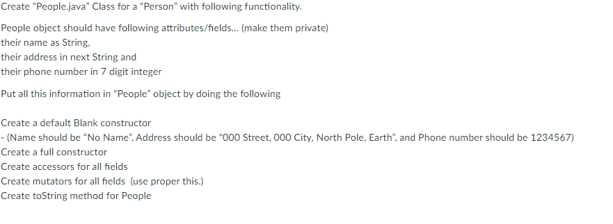  Create "People.java" Class for a "Person" with following functionality. People object