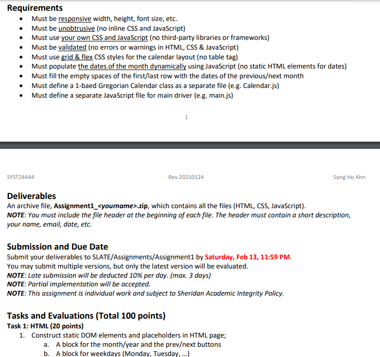monthly calendar of any month using your own JavaScript class and CSS