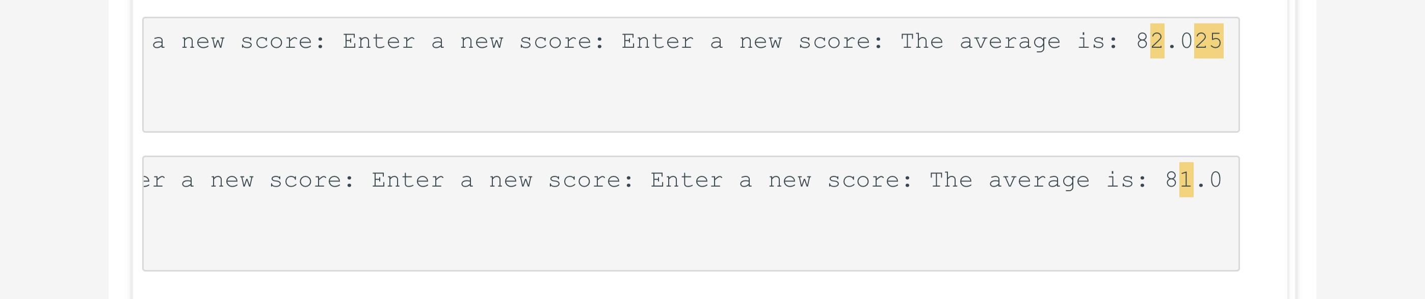 new score: Enter a new score: Enter a new score: The average