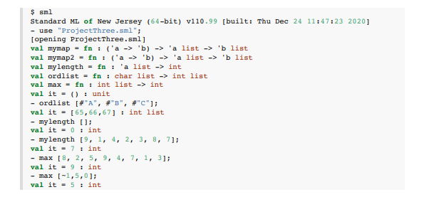 Implement a function that mimics built-in map function in SML. Apply foldr,