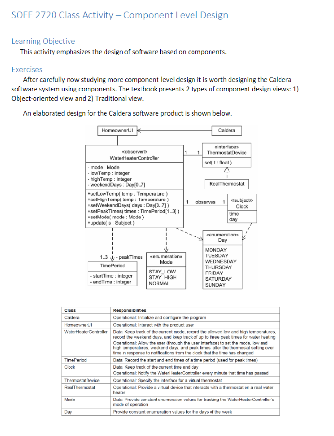  SOFE 2720 Class Activity - Component Level Design Learning Objective This