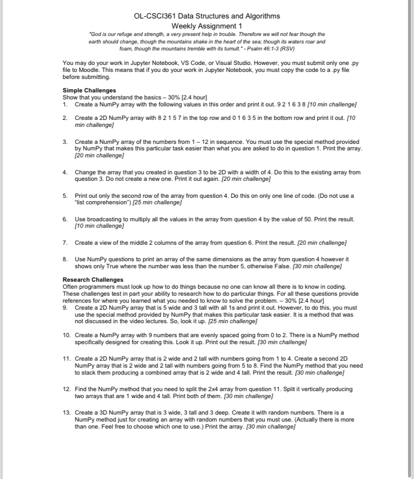  OL-CSCl361 Data Structures and Algorithms Weekly Assignment 1 "God is our