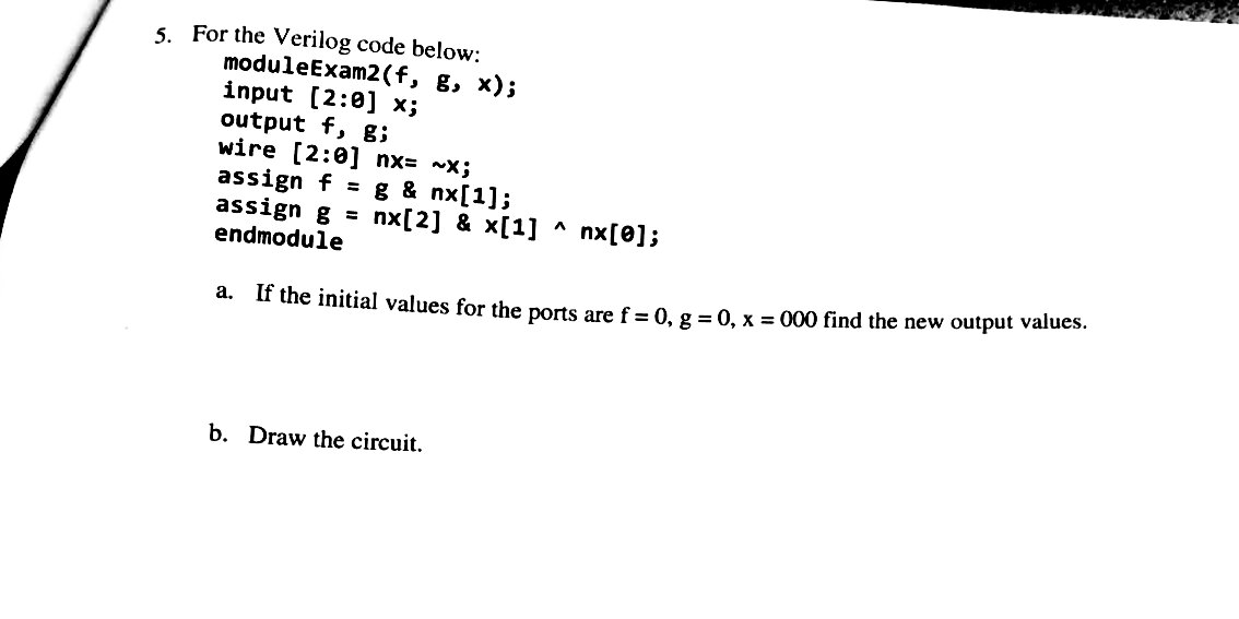  For the Verilog code below: moduleExam2(f, g, x); input [2:theta] x;