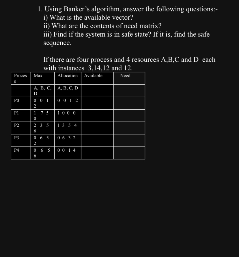  Using Banker's algorithm, answer the following questions:- i) What is the