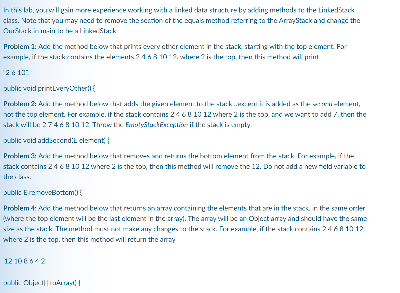  // CLASS LinkedStack package datastructures; import java.util.EmptyStackException; public class LinkedStack implements