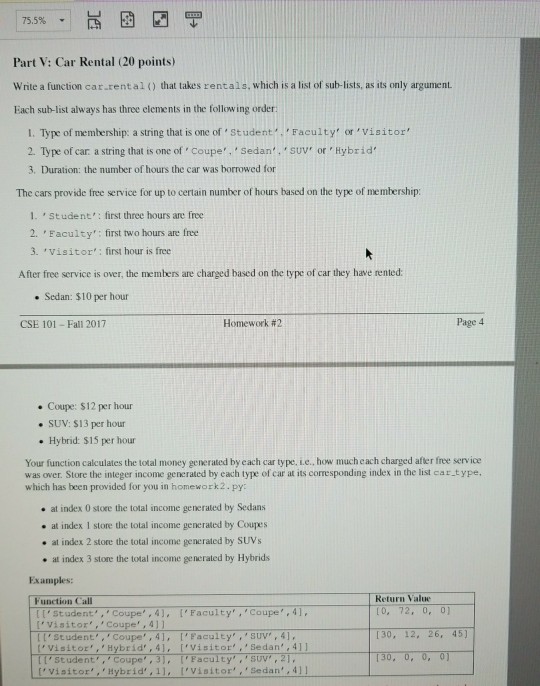  Python programming Screenshot plz | 75.5% Part V: Car Rental (20