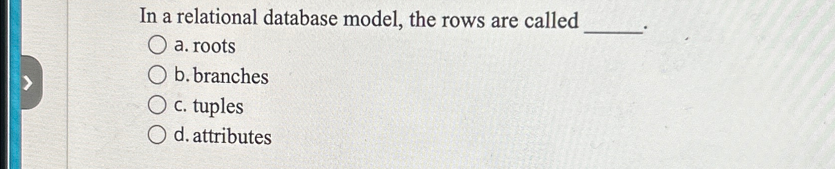  In a relational database model, the rows are called a. roots