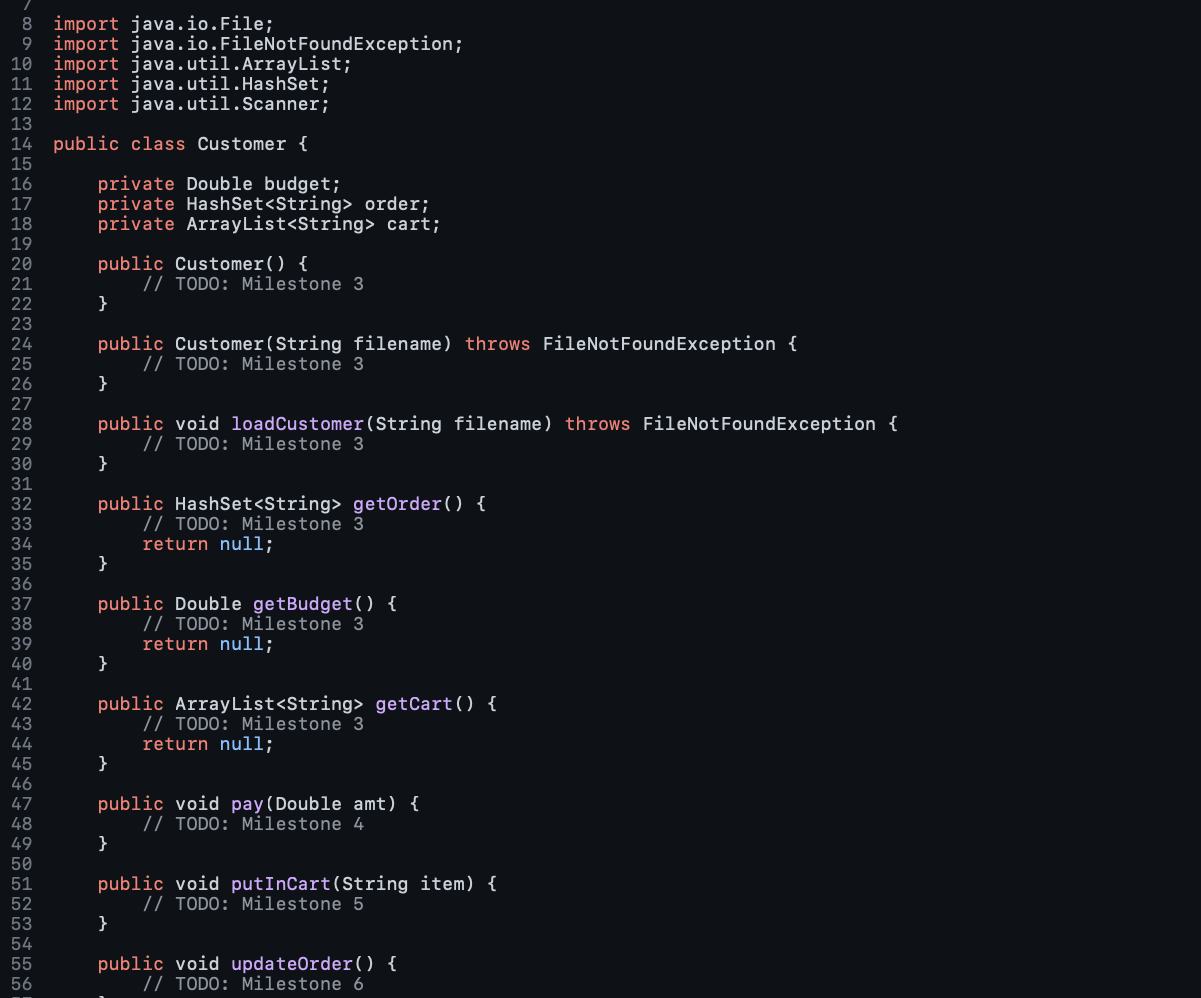 I need help coding these milestones in the code below: The milestone