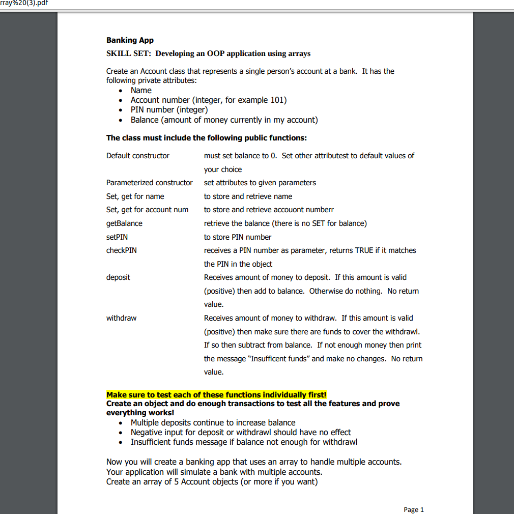 C++ please rray%20(3).pdf Banking App SKILL SET: Developing an OOP application using