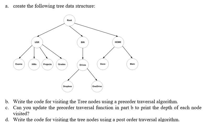 Need help with D a. create the following tree data structure: Root