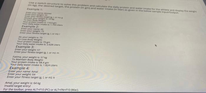 the water and the protein intake for an athlete based on her