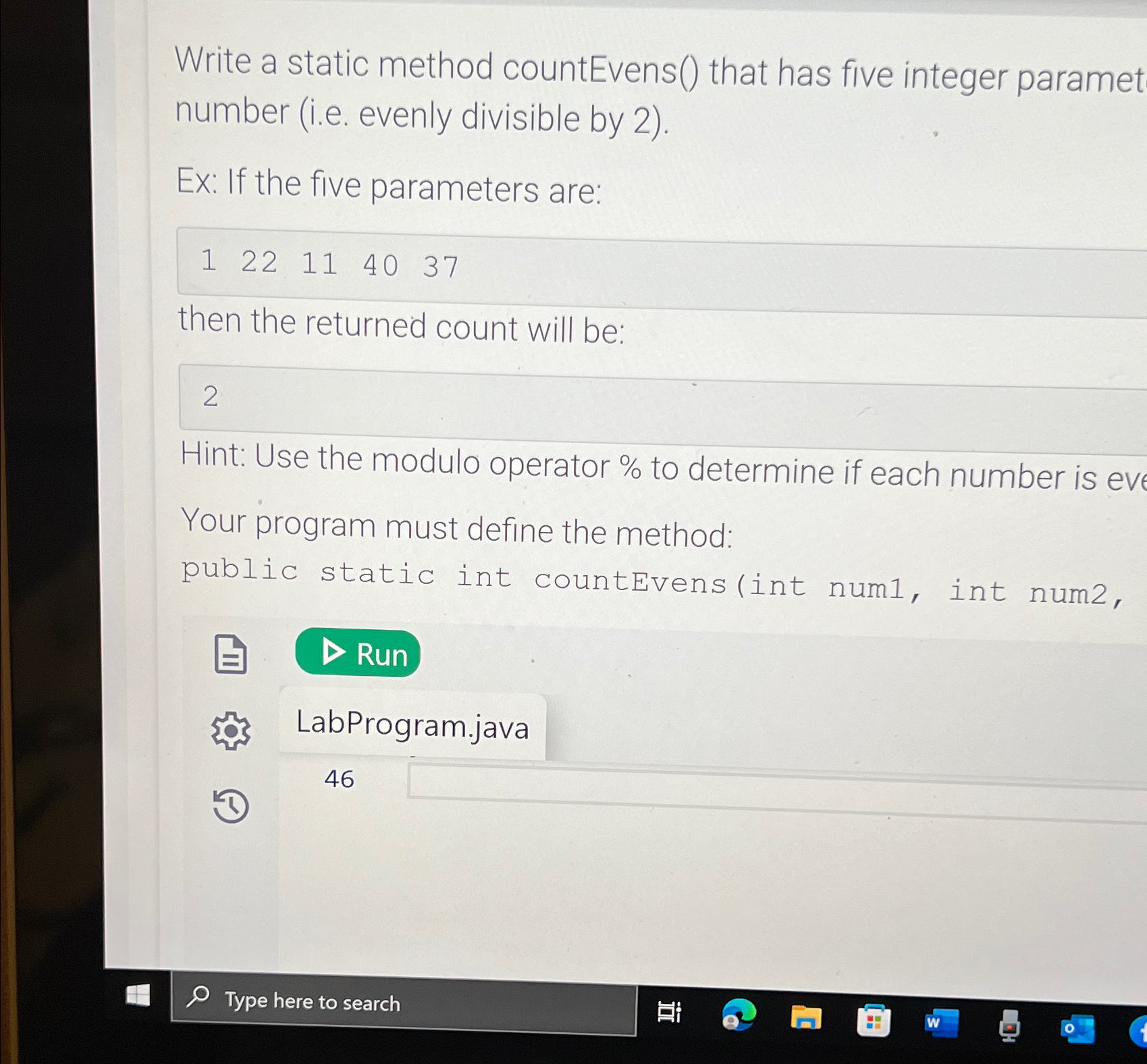  Write a static method countEvens() that has five integer paramet number