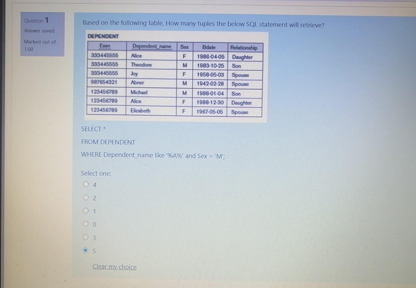 Database Question 1 Based on the following table, How many tuples