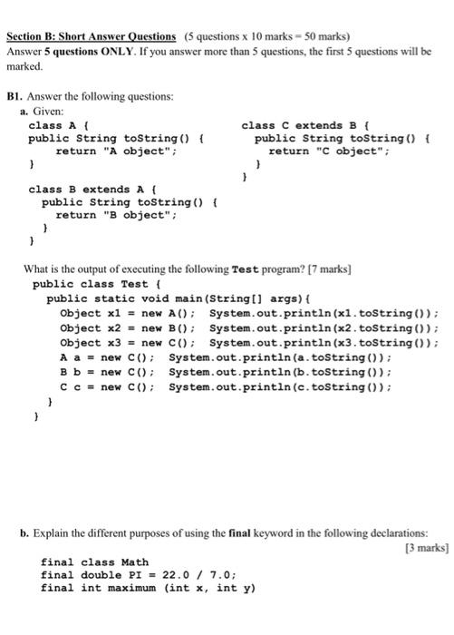 Fast please Section B: Short Answer Questions (5 questions x 10 marks