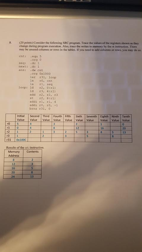 Consider the following SRC program. Trace the values of the registers shown