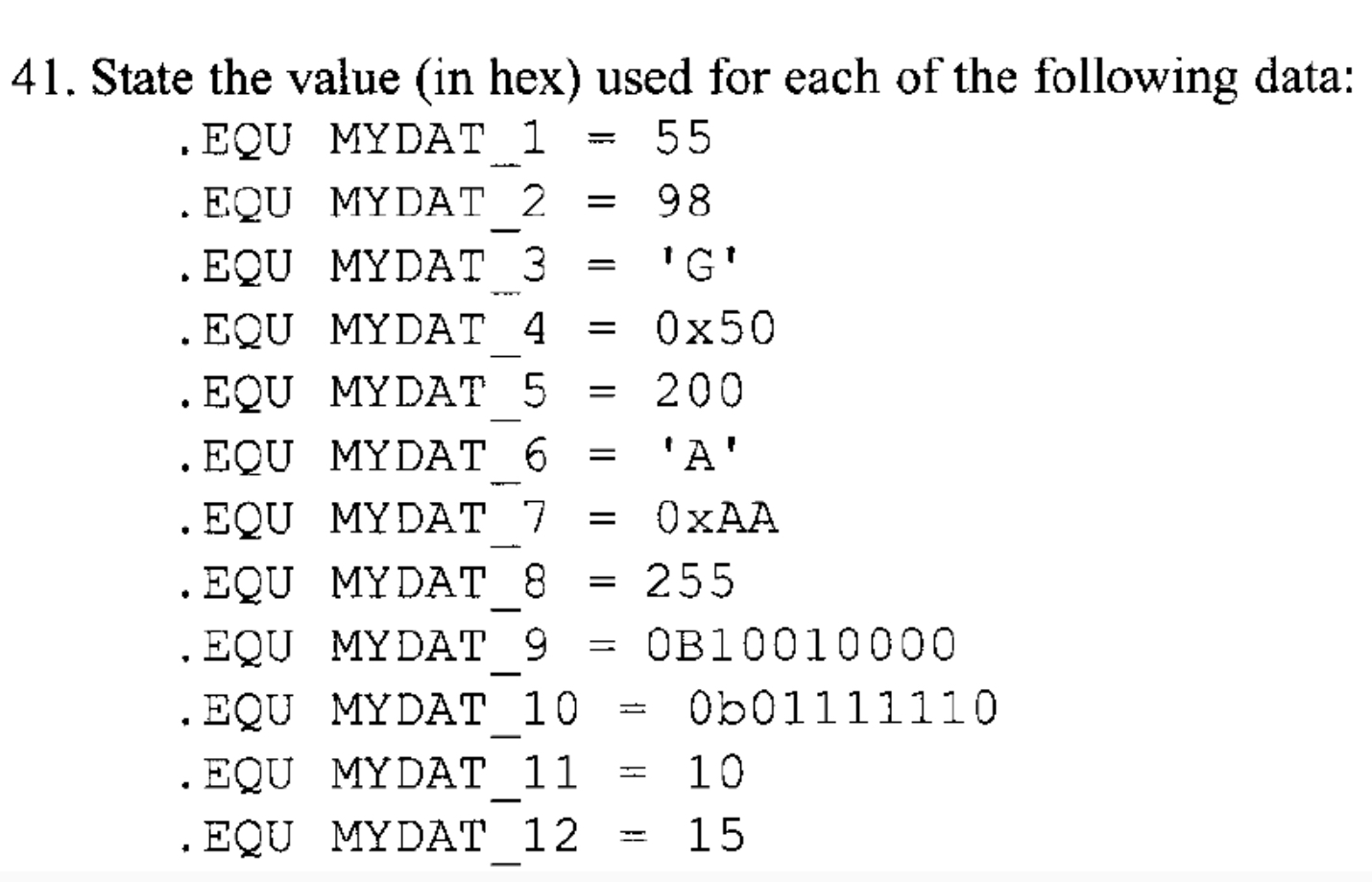 State the value (in hex) used for each of the following