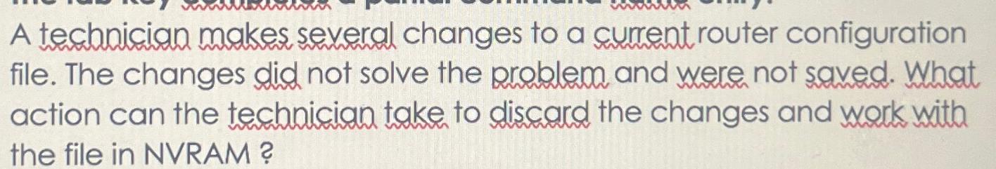  A technician makes several changes to a current router configuration file.