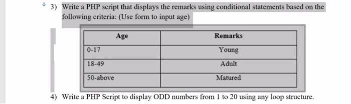  3) Write a PHP script that displays the remarks using conditional
