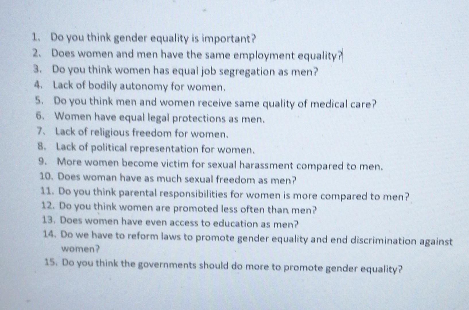  Use these questions to create a c++ program about gender equality