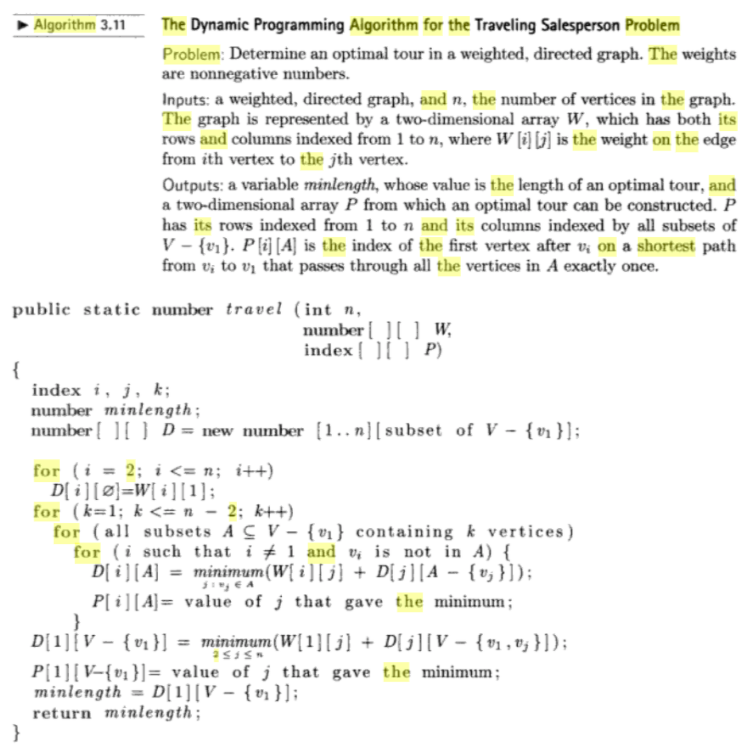 Write more detailed version of Dynamic programming algorithm for the traveling salesperson
