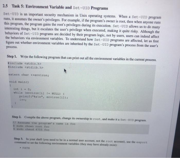  please gige description or explaination too 2.5 Task 5: Environment Variable