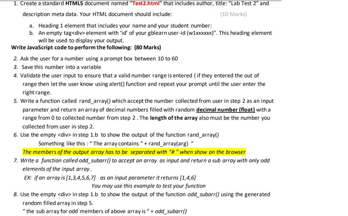 undefined 1. Create a standard HTML5 document named "Test2.html" that includes author,