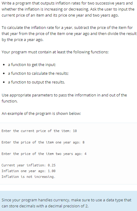C++ Write a program that outputs inflation rates for two successive years