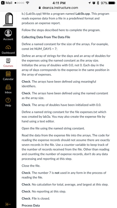  GMail .0000 4:11 PM deanza.instructure.com b.) (Lab5b.cpp) Write a program named