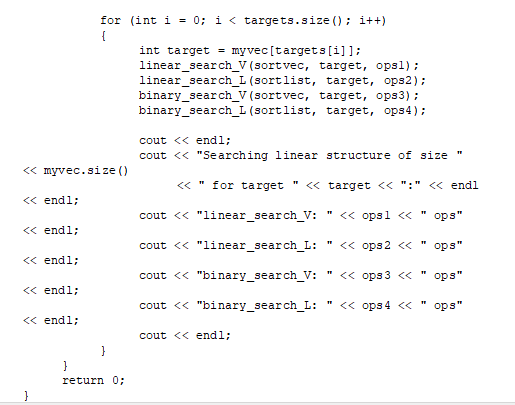 make my main.cpp work? i have 4 functions a linear search of