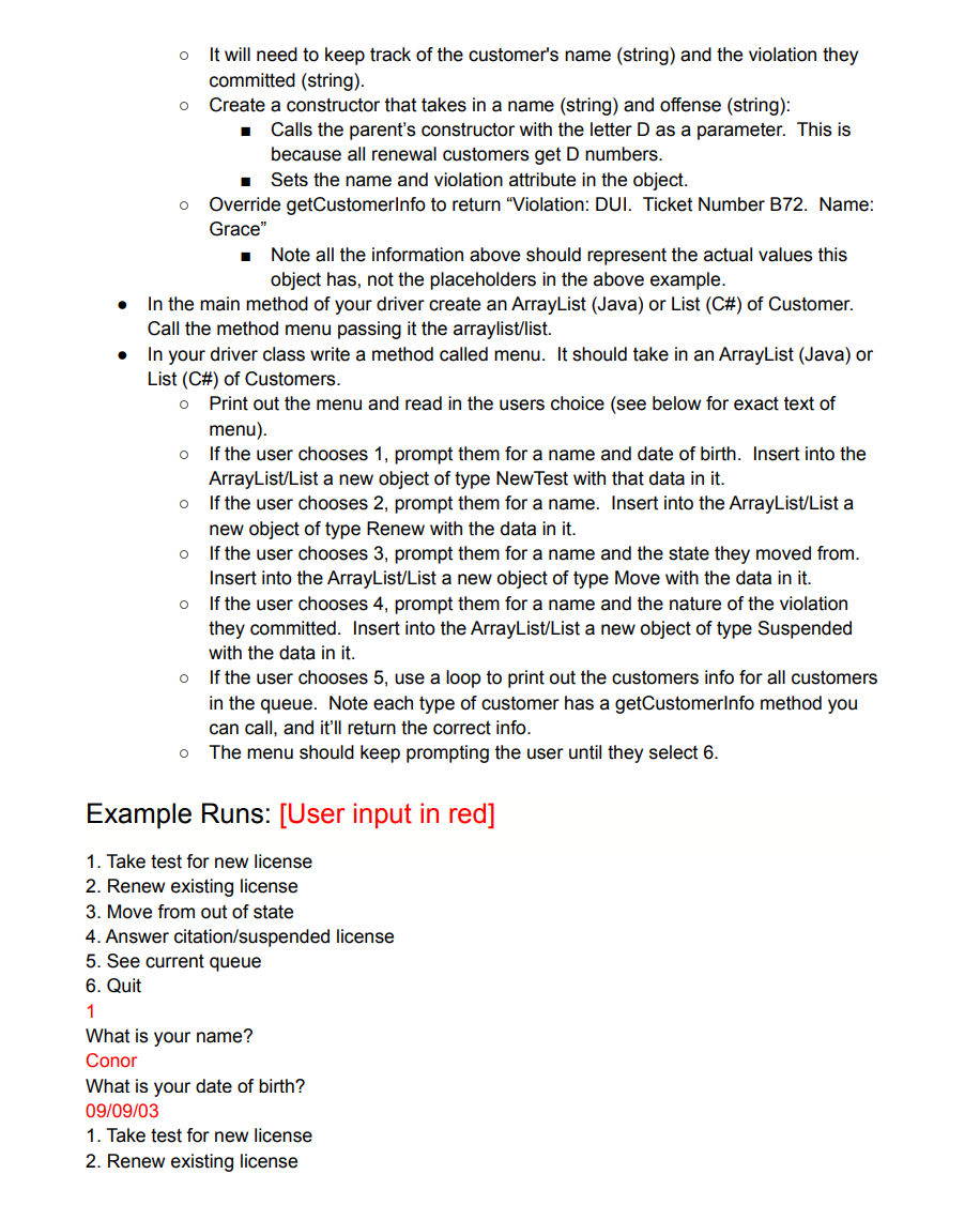 INSTRUCTIONS: MY CODE: ---------- Customer.java ---------- abstract class Customer { private char