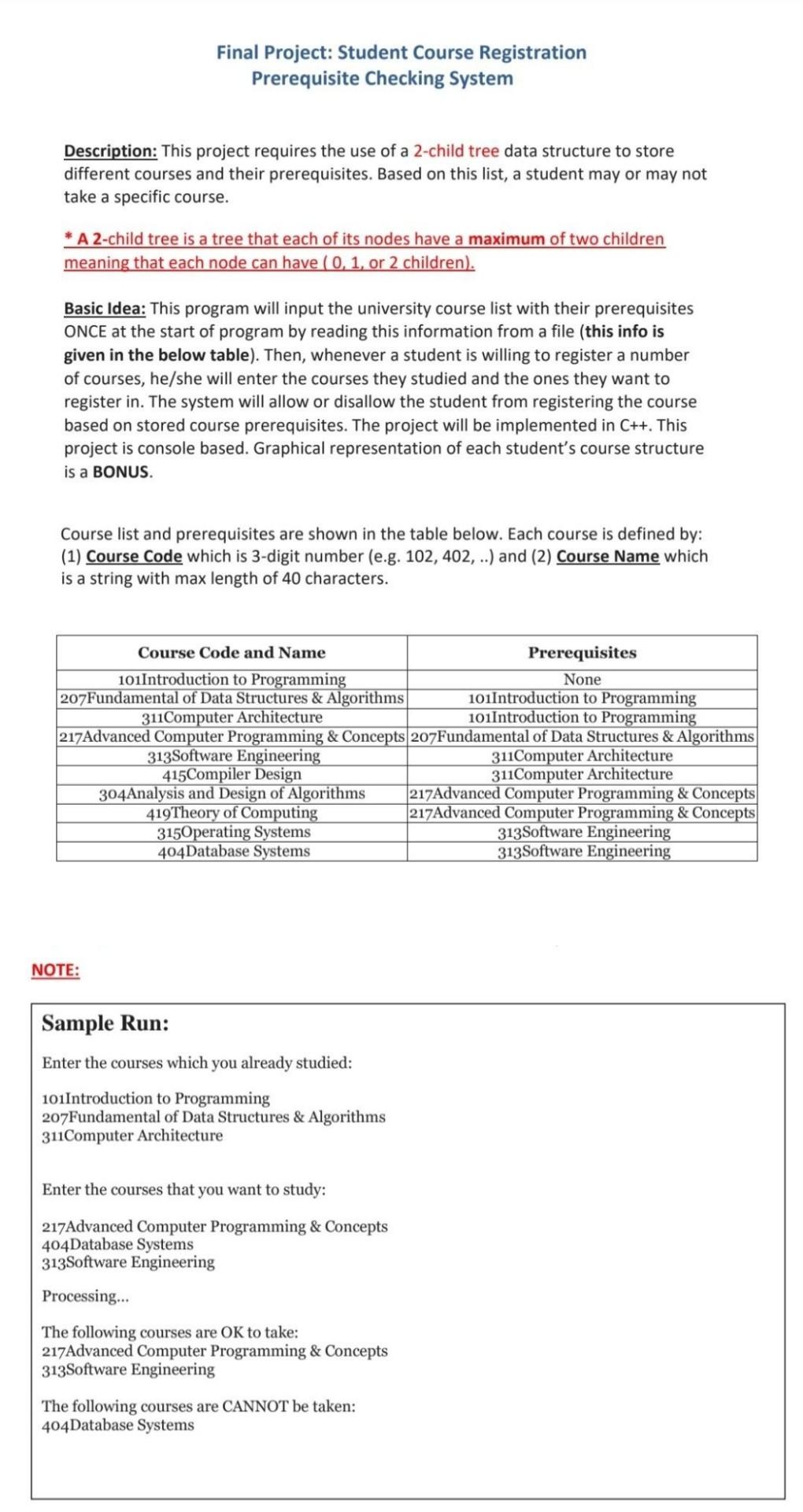  student course registration prequisite system using binary trees Final Project: Student