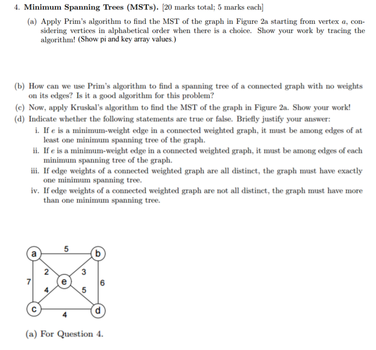  Minimum Spanning Trees (MSTs). (a) Apply Prim's algorithm to find the