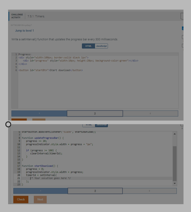  rite a setInterval() function that updates the progress bar every 300
