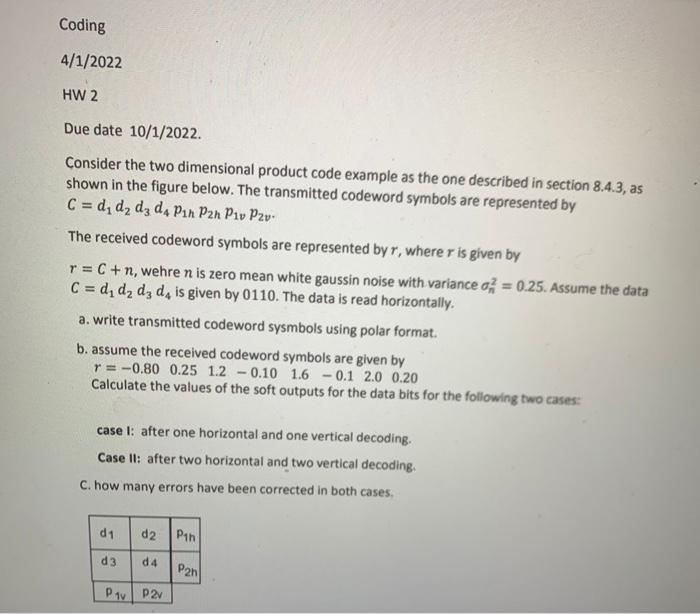Digital communications Coding 4/1/2022 HW 2 Due date 10/1/2022. Consider the two