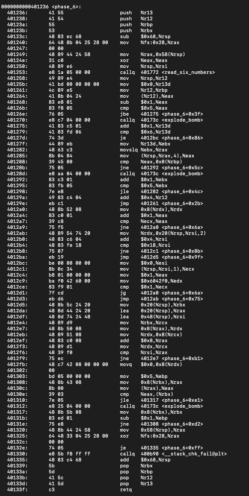 Need help with this phase_6 for bomb difusion. push push push