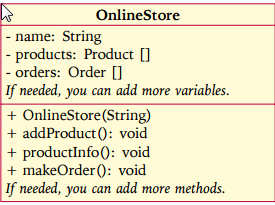 JAVA l develop three classes called OnlineStore, Product, and Order to keep