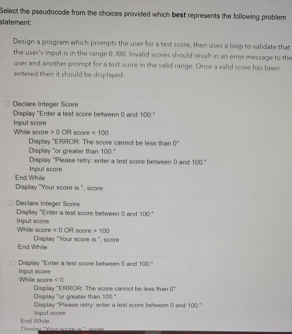 Select the pseudocode from the choices provided which best represents the