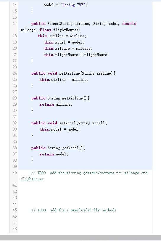 My code: public double getMileage() { return mileage; } public void setMileage(double