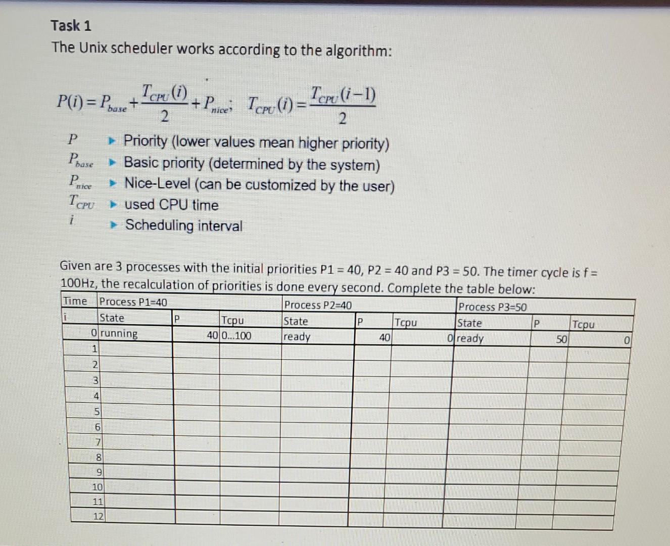  Task 1 The Unix scheduler works according to the algorithm: +